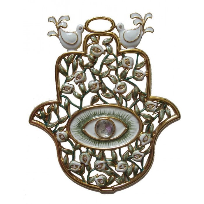 Hamsa with Doves and Evil Eye in White & Green