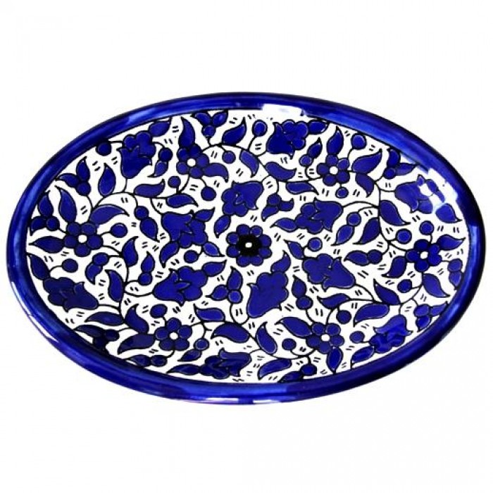 Armenian Ceramic Oval Plate Blue and White Floral Design