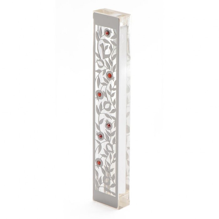 Stainless Steel and Plexiglas Mezuzah with Hebrew Letter Shin and Pomegranates