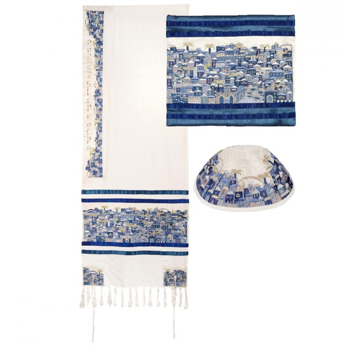 Fully Embroidered Cotton Jerusalem Tallit Set (Blue) by Yair Emanuel
