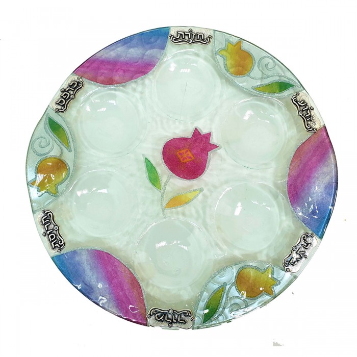 Hand-Painted Glass Seder Plate with Colorful Pomegranate Motif