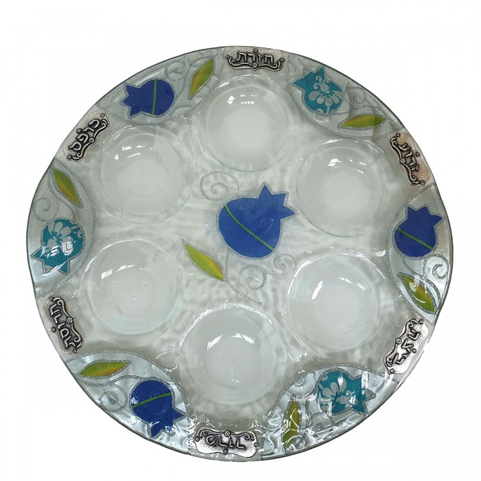 Glass Seder Plate with Hand Painted Blue Pomegranate Motif