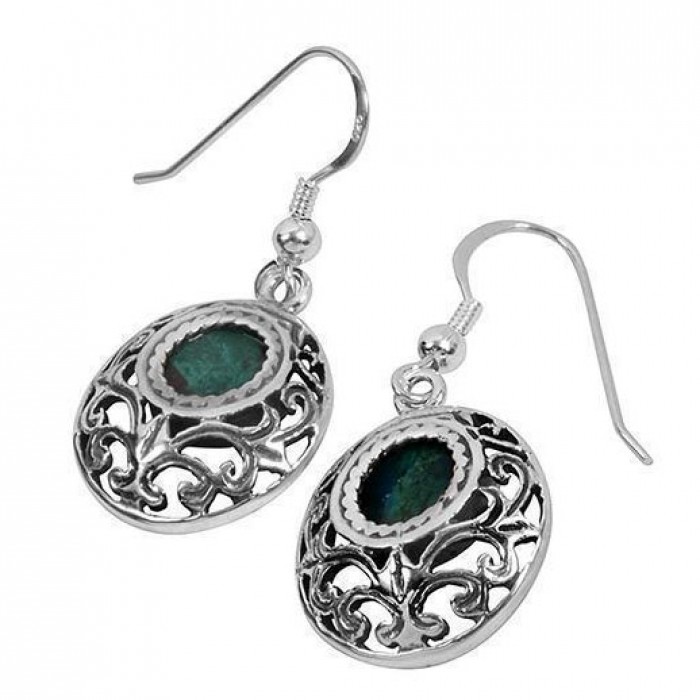 Rafael Jewelry Round Sterling Silver Earrings with Eilat Stone and Vintage Carvings