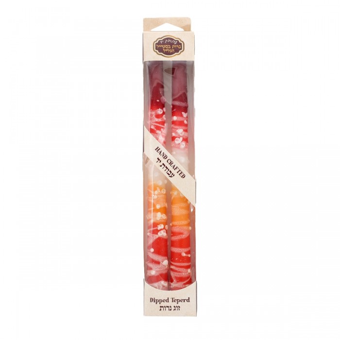 Red, Orange and White Shabbat Candles with White Dripped Lines by Galilee Style Candles