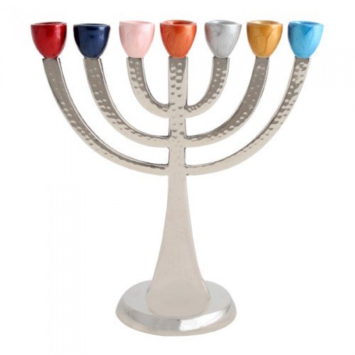 Seven-Branched Aluminum Menorah With Hammered Finish and Multicolored Candleholders