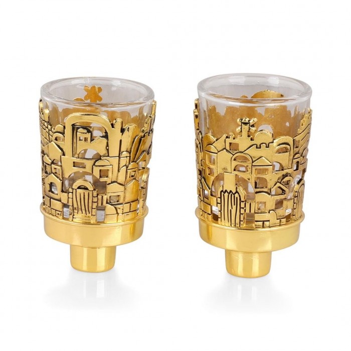 Y. Karshi Gold-Plated Candleholders With Jerusalem Design
