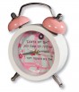 White and Pink Alarm Clock with Floral Pattern and Hebrew Text