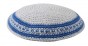 White Knitted Kippah with Thick Light Blue Stripes and Dotted Line