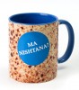 Blue Ceramic Mug with English Text and Images of Matzah by Barbara Shaw